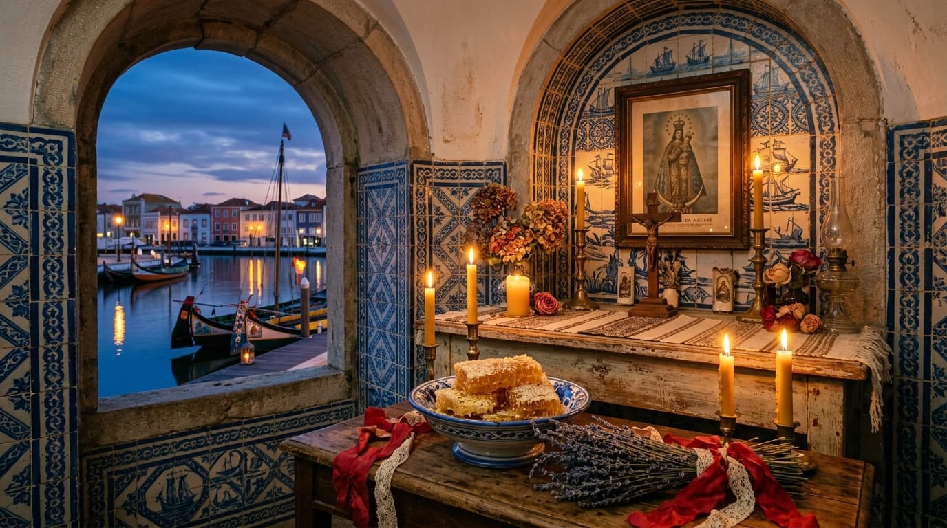 Altar sagrado tradicional com azulejos portugueses, favos de mel puro, alfazema e vista para os canais e moliceiros de Aveiro