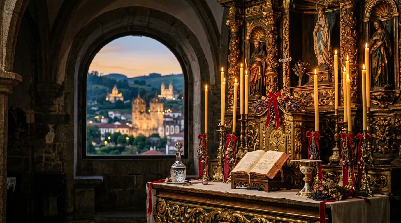 Altar barroco sagrado com alfaias místicas douradas, velas de cera de abelhas e vista para as torres de Braga e colinas do Minho