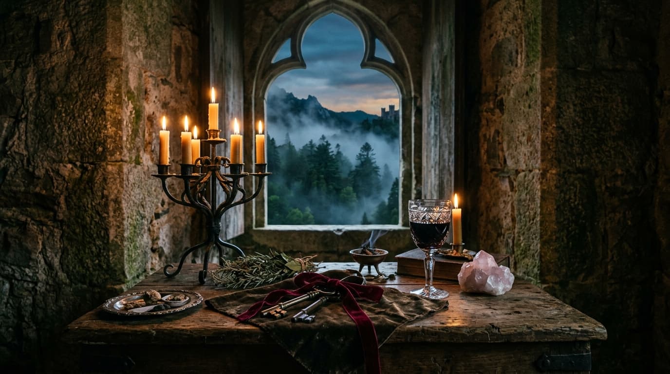 Altar esotérico com candelabro gótico, chaves antigas unidas em veludo e vista para o nevoeiro místico da Serra de Sintra e palácio