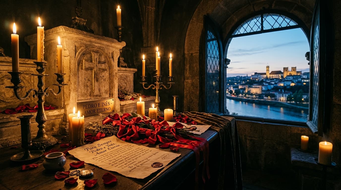 Altar romântico sagrado com pergaminho de Pedro e Inês, pétalas de rosa e vista para o Rio Mondego em Coimbra