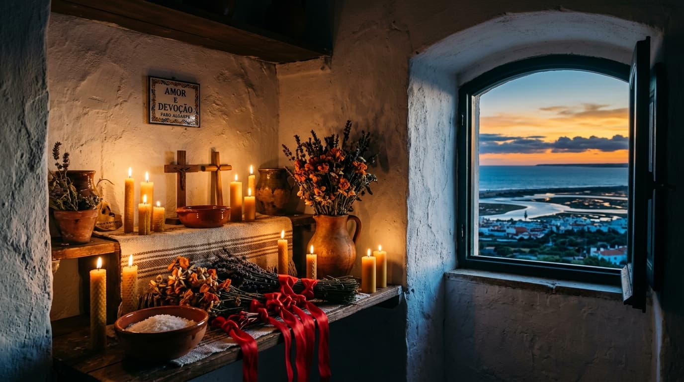 Altar sagrado algarvio em pedra caiada com sal marinho, flores de laranjeira, velas e vista para o pôr do sol na Ria Formosa em Faro
