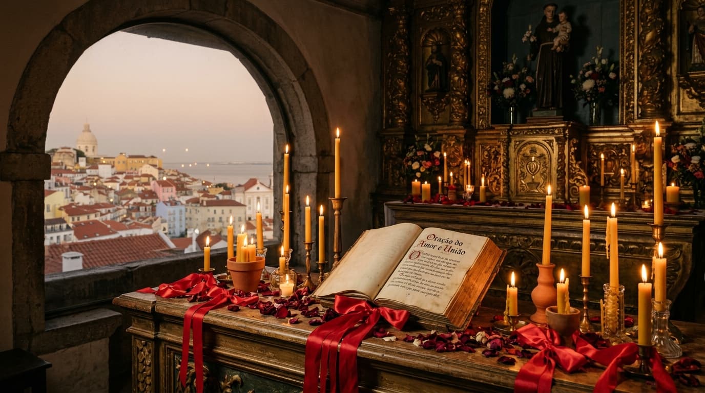 Altar sagrado de amarração amorosa com velas acesas de cera pura e vista para o Tejo em Lisboa