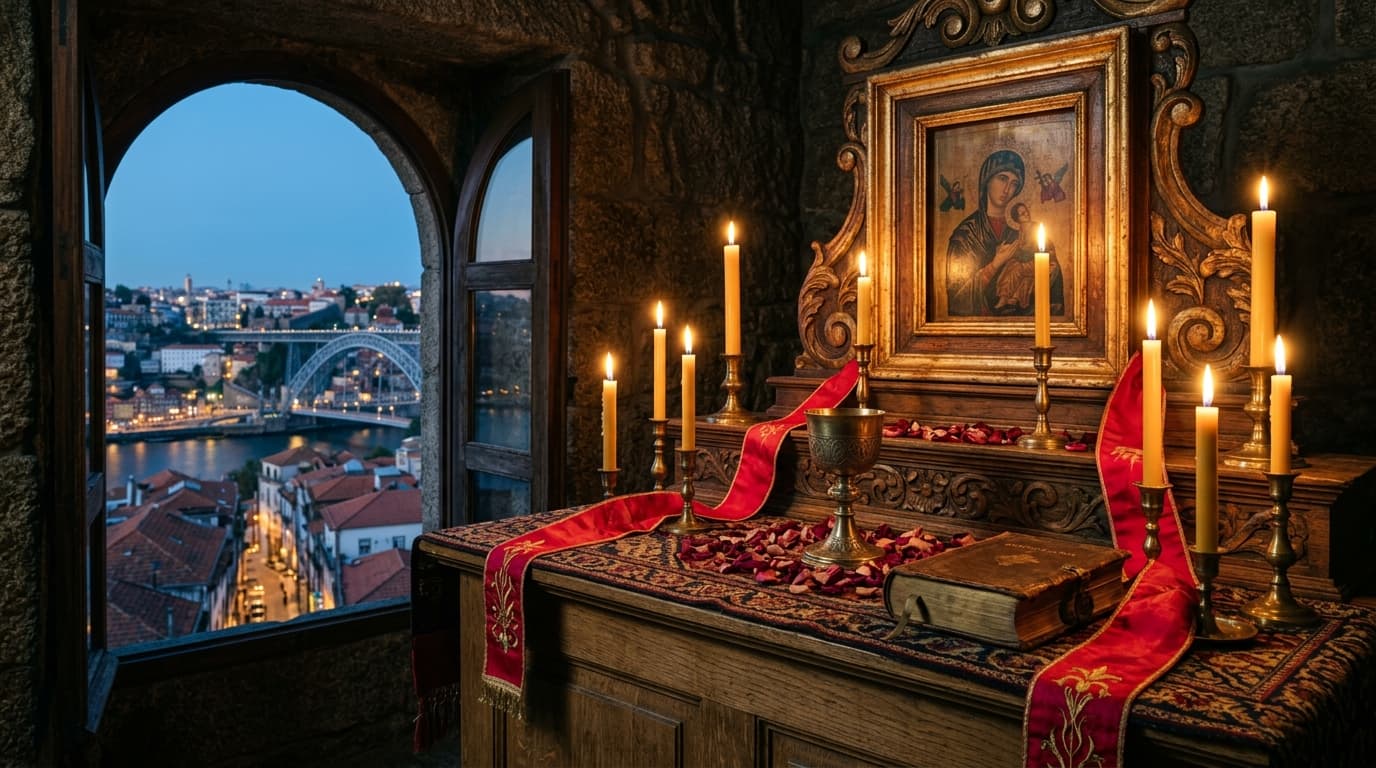 Altar místico de firmeza amorosa com laço escarlate, cálices dourados e vista para a Ponte D. Luís e o Douro no Porto