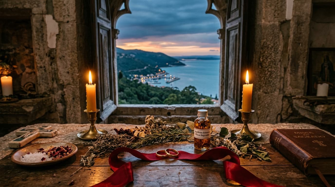 Altar cerimonial com alianças unidas por fita de cetim escarlate, óleos sagrados e vista para a Serra da Arrábida e Baía do Sado em Setúbal